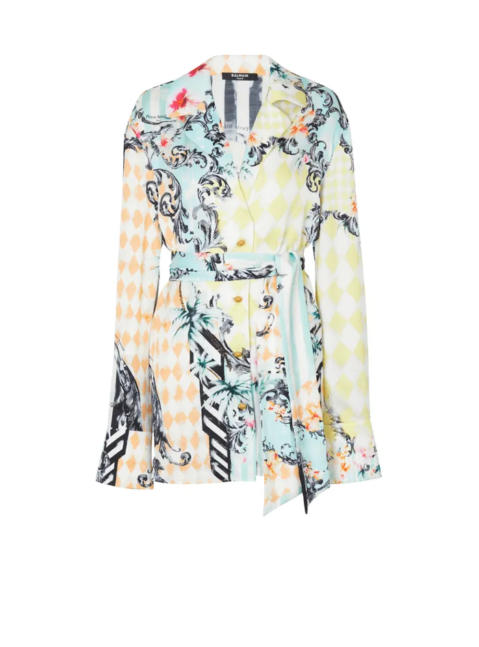 Loose Belted Shirt With Baroque Print Multicolor Women Balmain Tops And Shirts