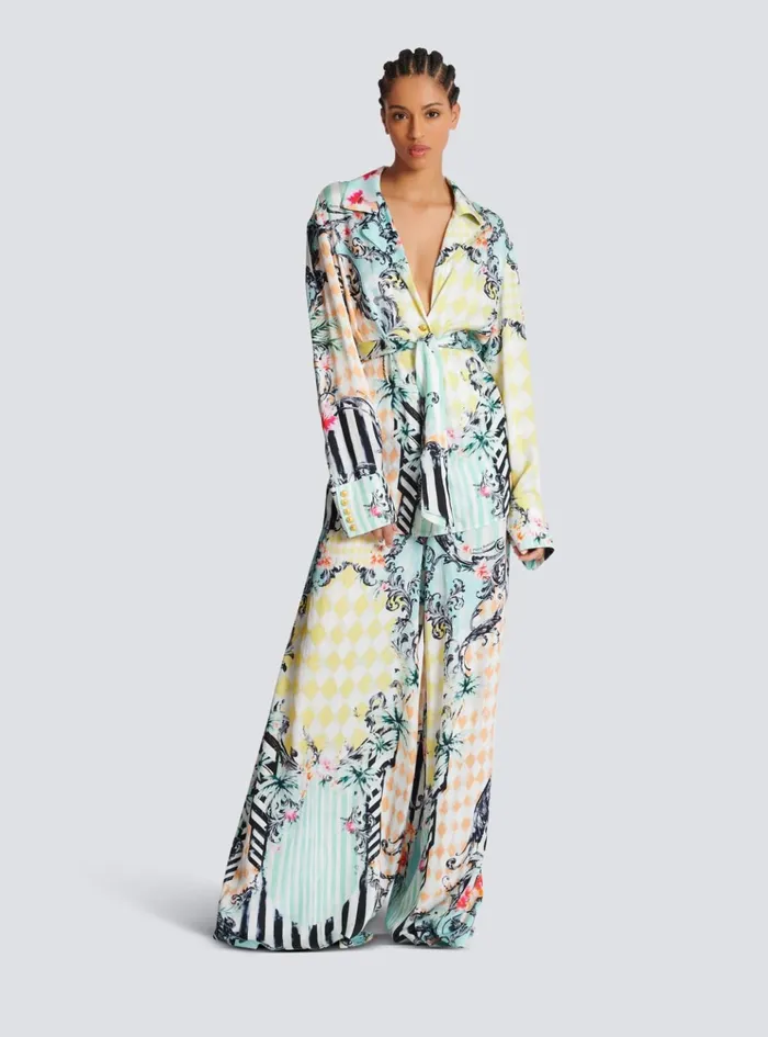 Loose Belted Shirt With Baroque Print Multicolor Women Balmain Tops And Shirts