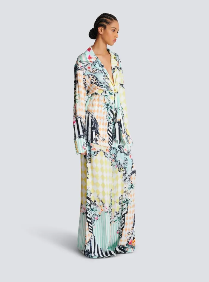 Loose Belted Shirt With Baroque Print Multicolor Women Balmain Tops And Shirts