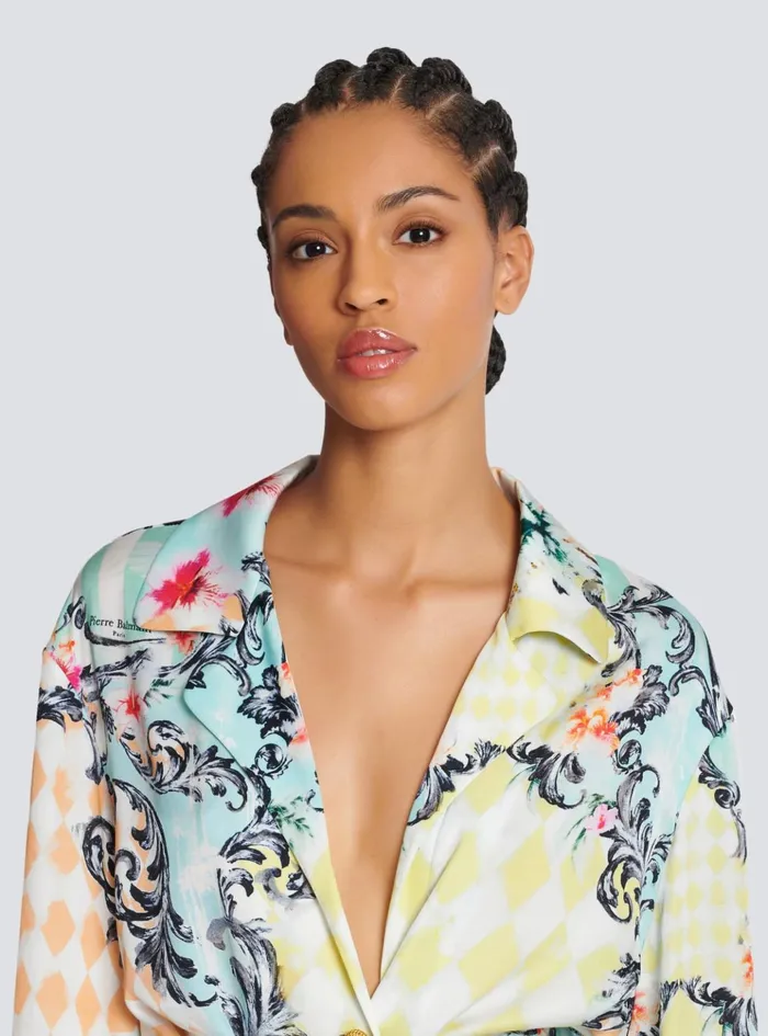 Loose Belted Shirt With Baroque Print Multicolor Women Balmain Tops And Shirts