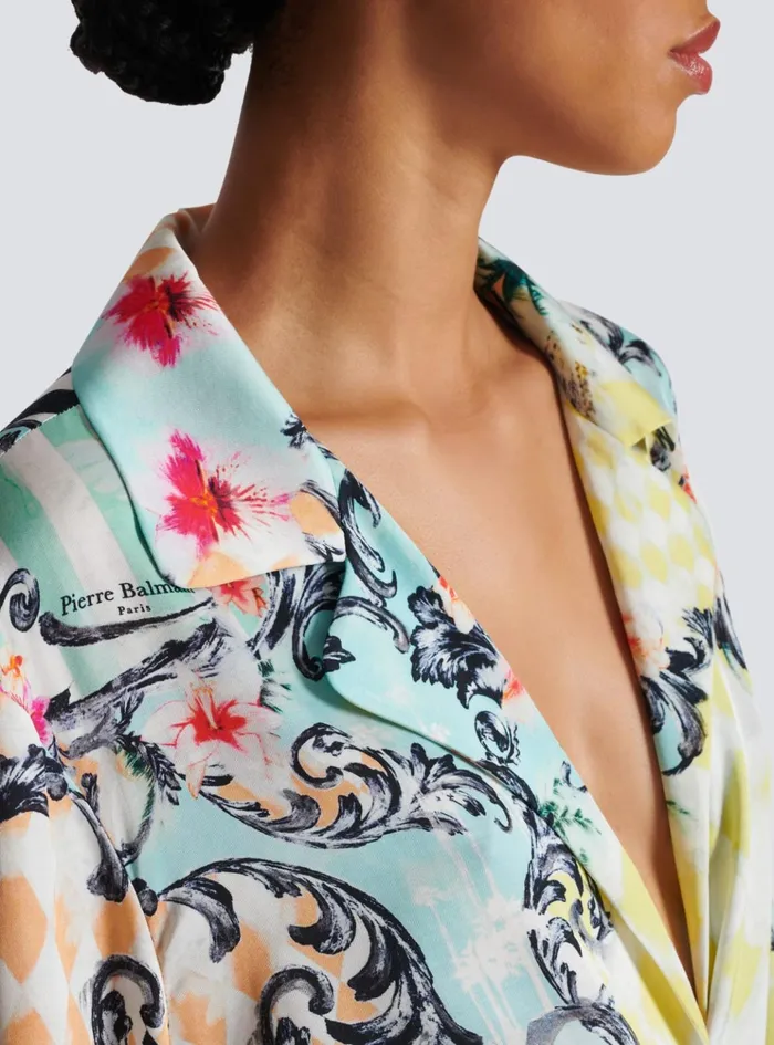 Loose Belted Shirt With Baroque Print Multicolor Women Balmain Tops And Shirts