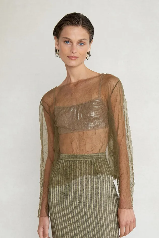 Luca Crinkle Mesh Blouse Olive Women Chan Luu Tops