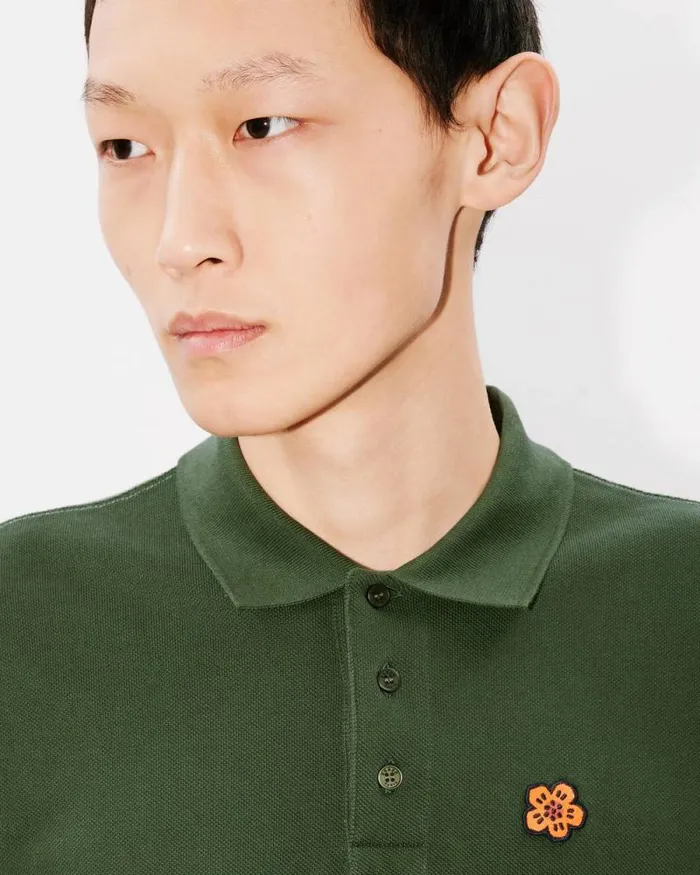 Men 039Boke Flower039 Embroidered Slim Polo In Cotton Dark Khaki Kenzo Tshirts And Polos