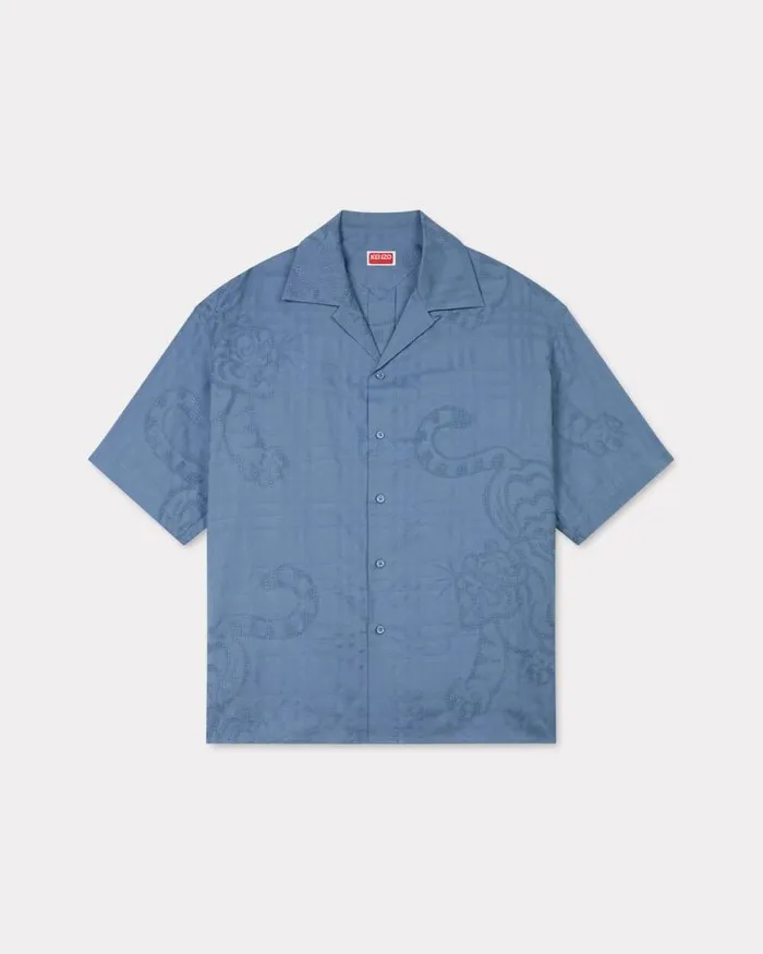 Men 039KENZO Bamboo Tiger039 Hawaiian Jacquard Shirt Blue Kenzo Shirts