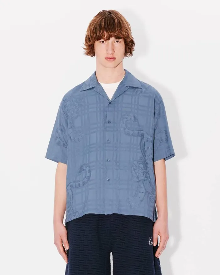Men 039KENZO Bamboo Tiger039 Hawaiian Jacquard Shirt Blue Kenzo Shirts