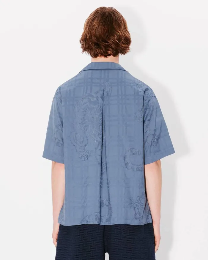 Men 039KENZO Bamboo Tiger039 Hawaiian Jacquard Shirt Blue Kenzo Shirts