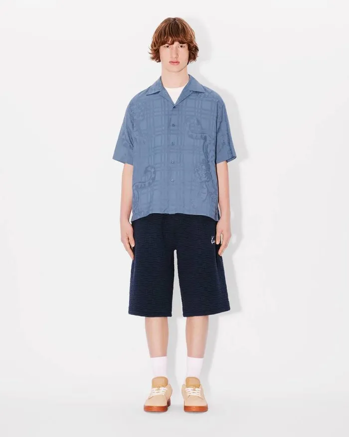 Men 039KENZO Bamboo Tiger039 Hawaiian Jacquard Shirt Blue Kenzo Shirts