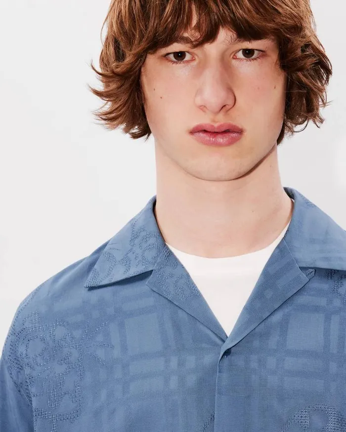 Men 039KENZO Bamboo Tiger039 Hawaiian Jacquard Shirt Blue Kenzo Shirts