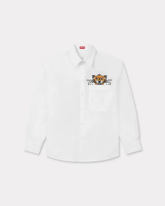 Men 039KENZO Happy Tiger039 Casual Shirt In Poplin Cotton White Kenzo Shirts