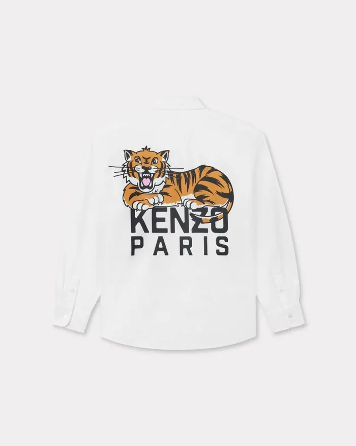 Men 039KENZO Happy Tiger039 Casual Shirt In Poplin Cotton White Kenzo Shirts
