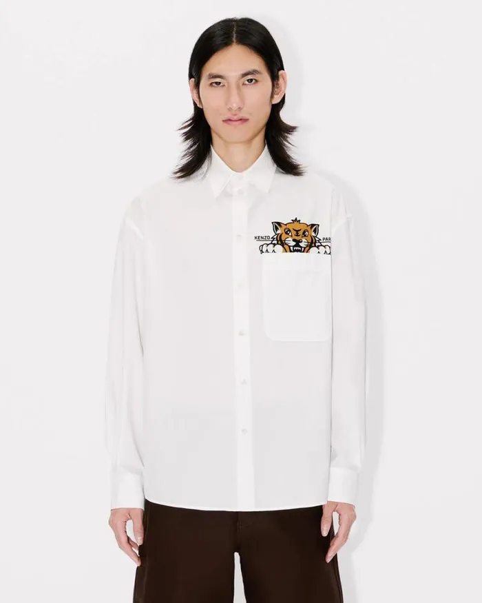 Men 039KENZO Happy Tiger039 Casual Shirt In Poplin Cotton White Kenzo Shirts
