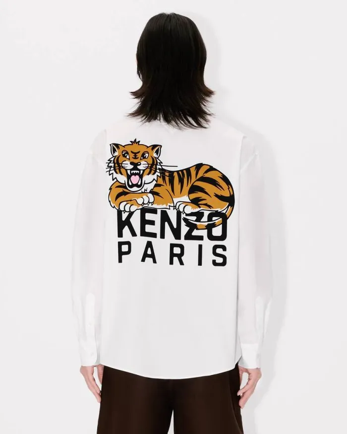 Men 039KENZO Happy Tiger039 Casual Shirt In Poplin Cotton White Kenzo Shirts