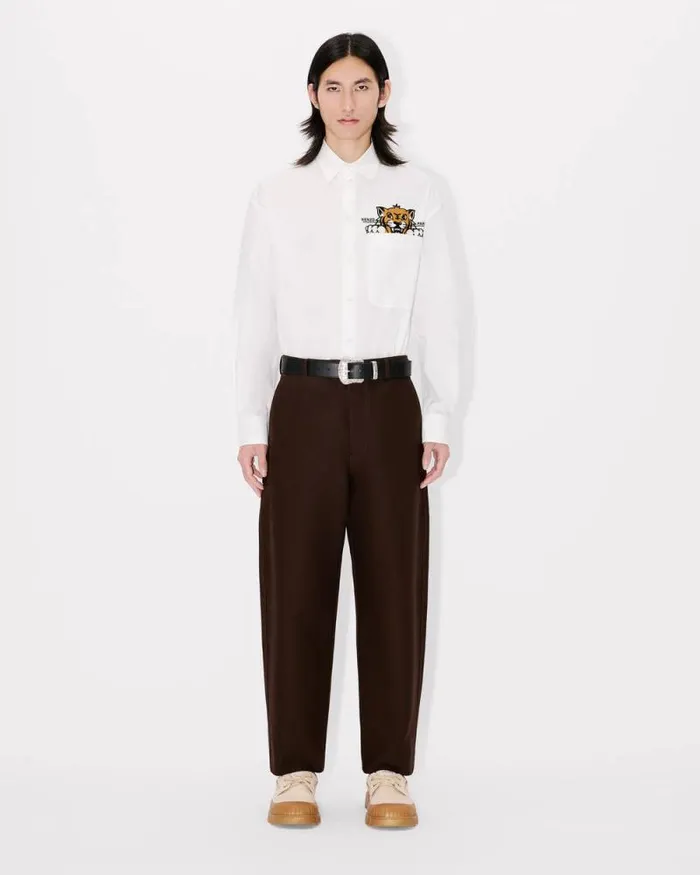 Men 039KENZO Happy Tiger039 Casual Shirt In Poplin Cotton White Kenzo Shirts