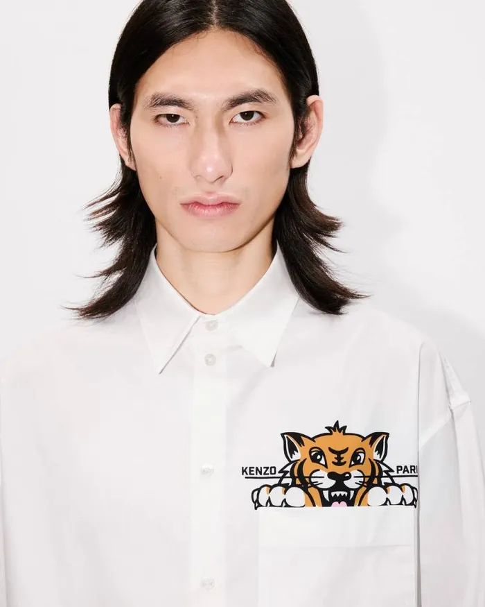 Men 039KENZO Happy Tiger039 Casual Shirt In Poplin Cotton White Kenzo Shirts