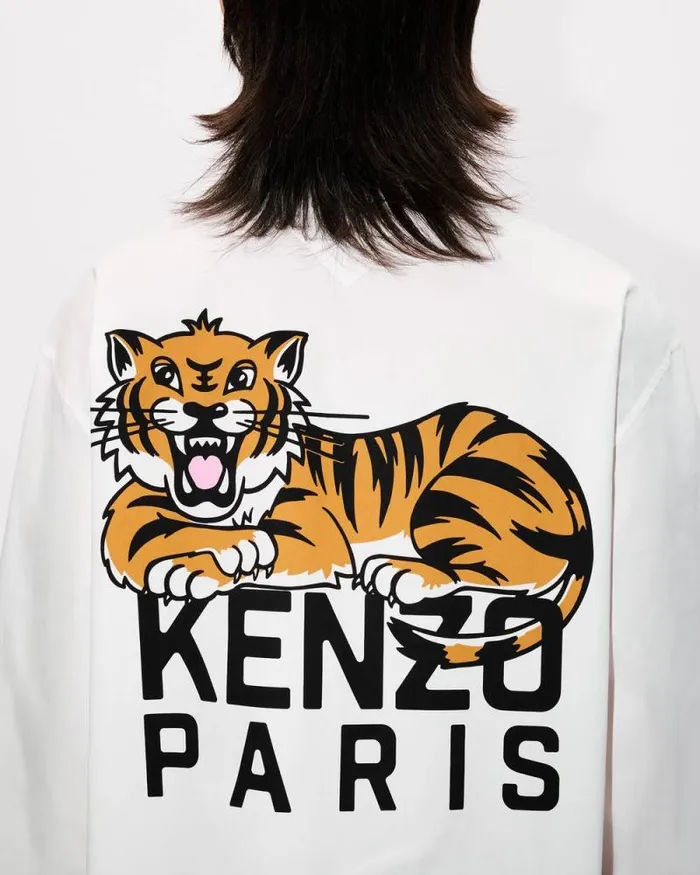 Men 039KENZO Happy Tiger039 Casual Shirt In Poplin Cotton White Kenzo Shirts