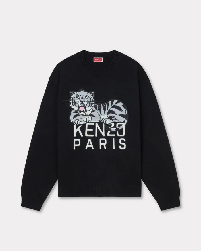 Men 039KENZO Happy Tiger039 Embroidered Jumper In Wool And Cotton Black Kenzo Sweaters And Cardigans
