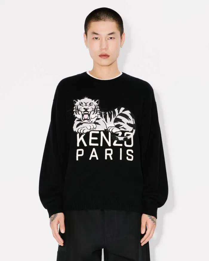 Men 039KENZO Happy Tiger039 Embroidered Jumper In Wool And Cotton Black Kenzo Sweaters And Cardigans