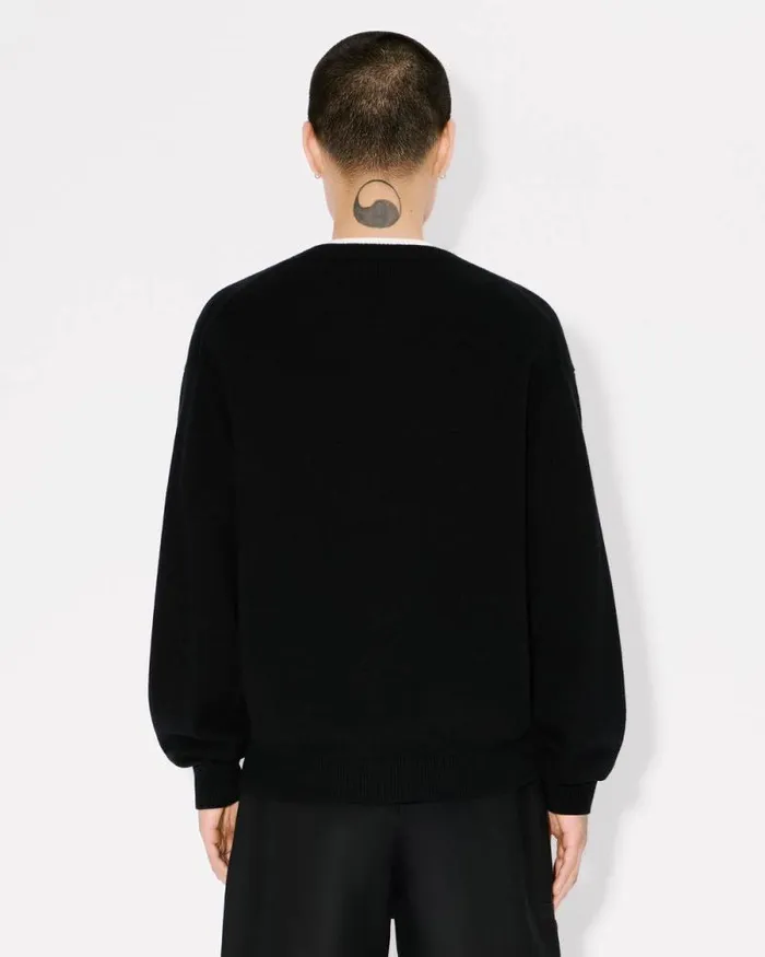 Men 039KENZO Happy Tiger039 Embroidered Jumper In Wool And Cotton Black Kenzo Sweaters And Cardigans