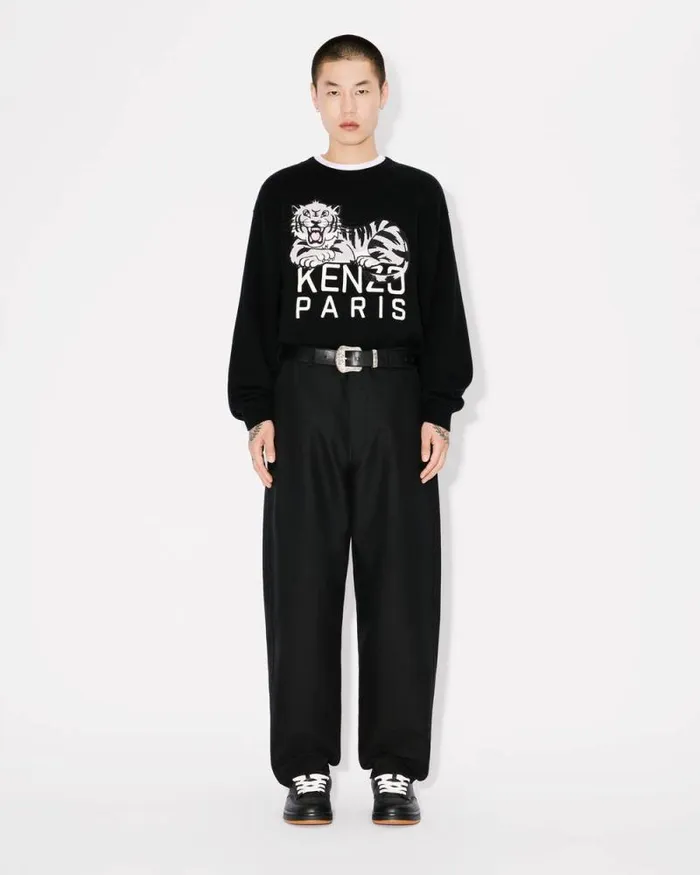 Men 039KENZO Happy Tiger039 Embroidered Jumper In Wool And Cotton Black Kenzo Sweaters And Cardigans