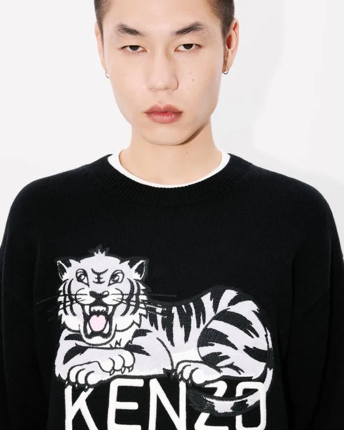 Men 039KENZO Happy Tiger039 Embroidered Jumper In Wool And Cotton Black Kenzo Sweaters And Cardigans