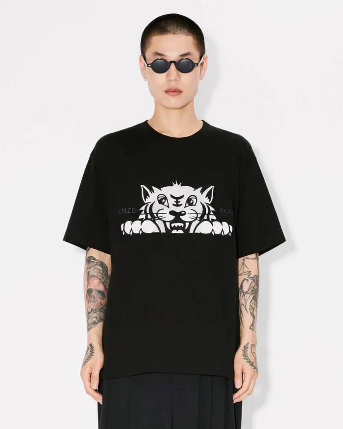 Men 039KENZO Happy Tiger039 Embroidered Oversized Tshirt In Cotton Black Kenzo Tshirts And Polos