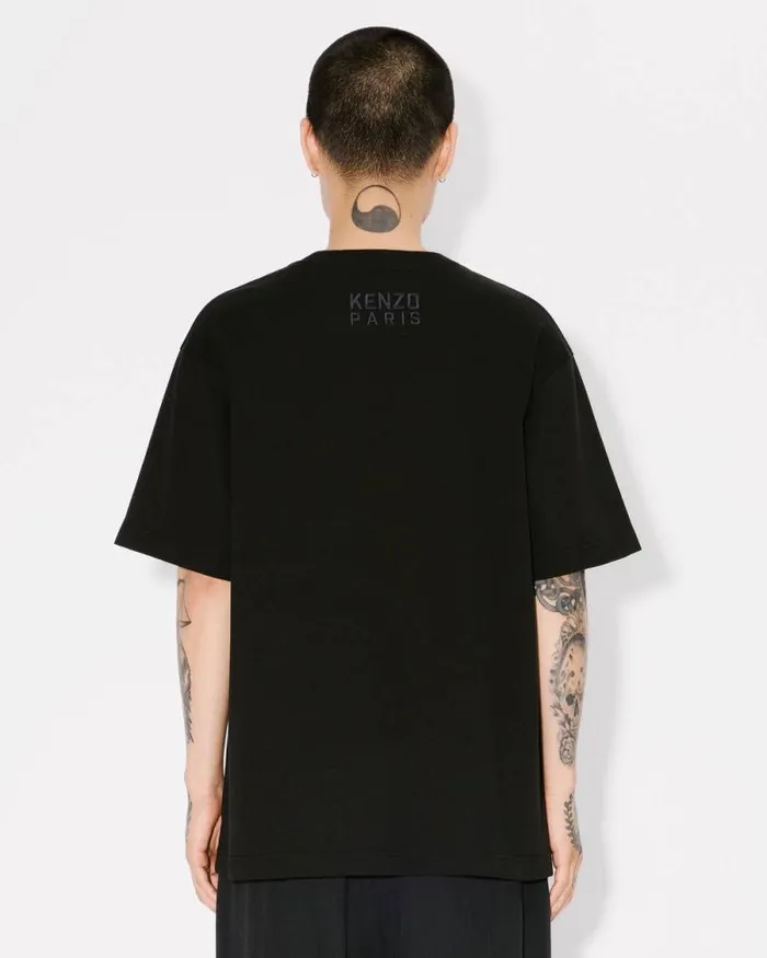 Men 039KENZO Happy Tiger039 Embroidered Oversized Tshirt In Cotton Black Kenzo Tshirts And Polos