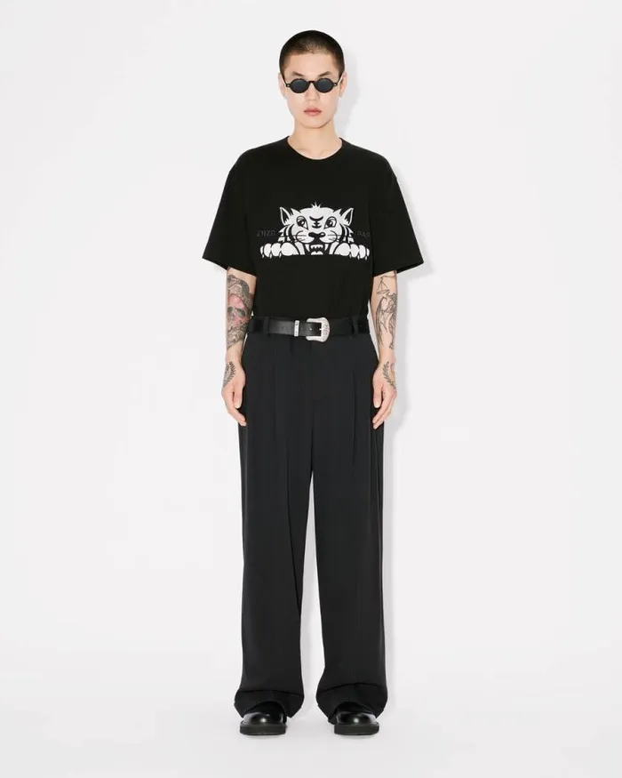Men 039KENZO Happy Tiger039 Embroidered Oversized Tshirt In Cotton Black Kenzo Tshirts And Polos