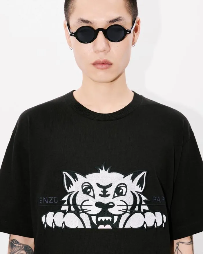 Men 039KENZO Happy Tiger039 Embroidered Oversized Tshirt In Cotton Black Kenzo Tshirts And Polos