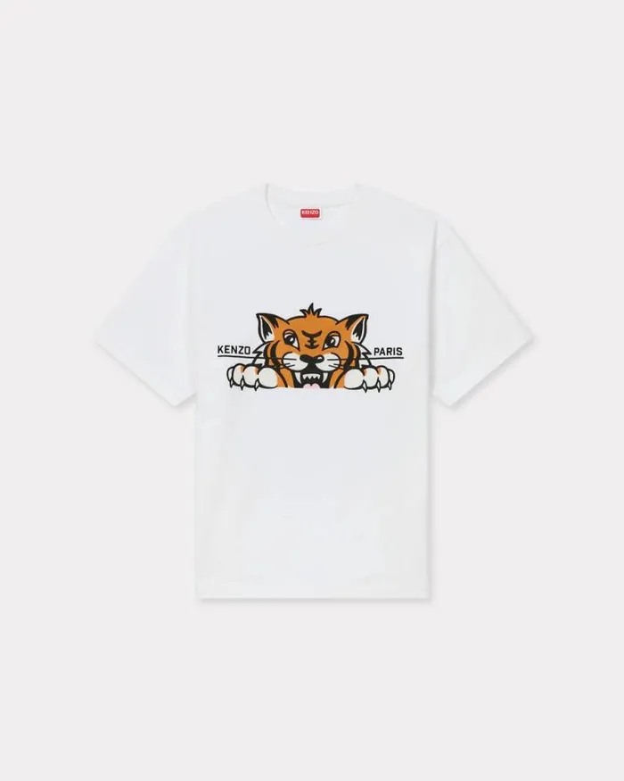 Men 039KENZO Happy Tiger039 Embroidered Oversized Tshirt In Cotton Off White Kenzo Tshirts And Polos Men 039KENZO Happy Tiger039 Embroidered Oversized Tshirt In Cotton Off White Kenzo Tshirts And Polos