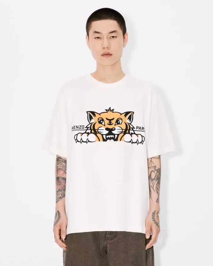 Men 039KENZO Happy Tiger039 Embroidered Oversized Tshirt In Cotton Off White Kenzo Tshirts And Polos
