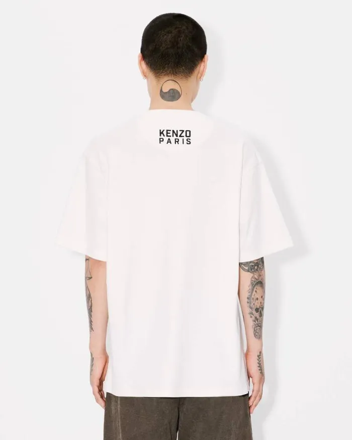 Men 039KENZO Happy Tiger039 Embroidered Oversized Tshirt In Cotton Off White Kenzo Tshirts And Polos