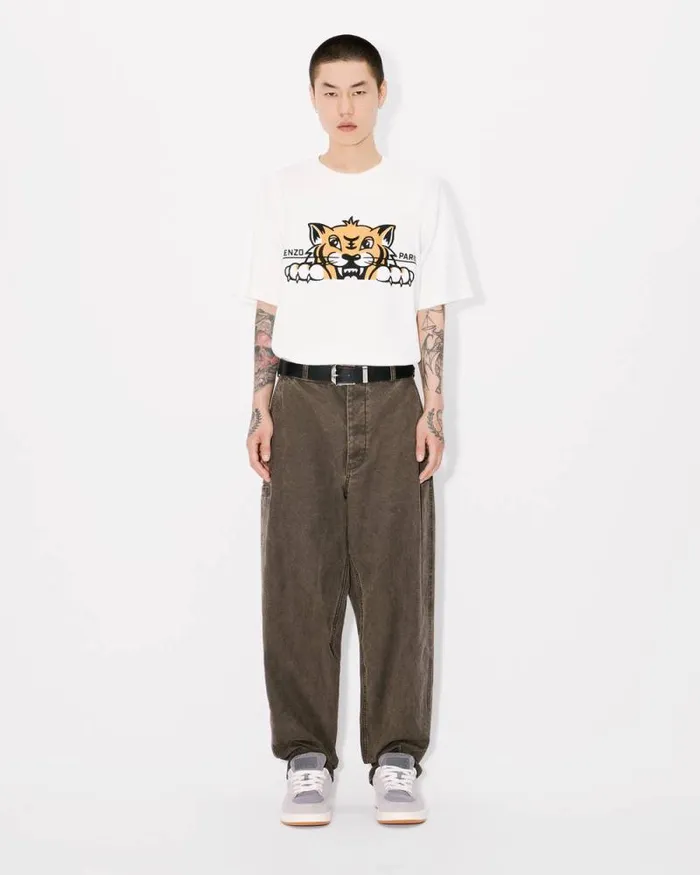 Men 039KENZO Happy Tiger039 Embroidered Oversized Tshirt In Cotton Off White Kenzo Tshirts And Polos