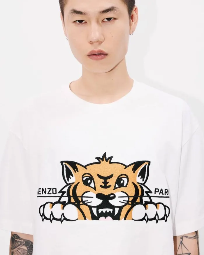 Men 039KENZO Happy Tiger039 Embroidered Oversized Tshirt In Cotton Off White Kenzo Tshirts And Polos