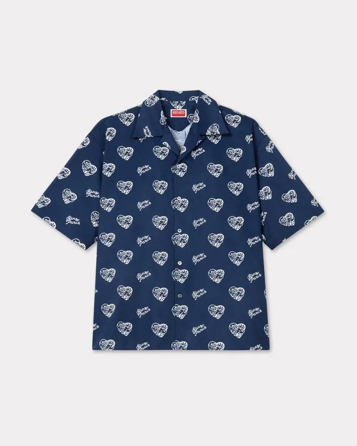 Men 039KENZO Jungle Heart039 Hawaiian Shirt Midnight Blue Kenzo Shirts