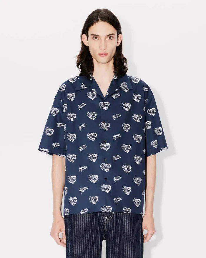 Men 039KENZO Jungle Heart039 Hawaiian Shirt Midnight Blue Kenzo Shirts
