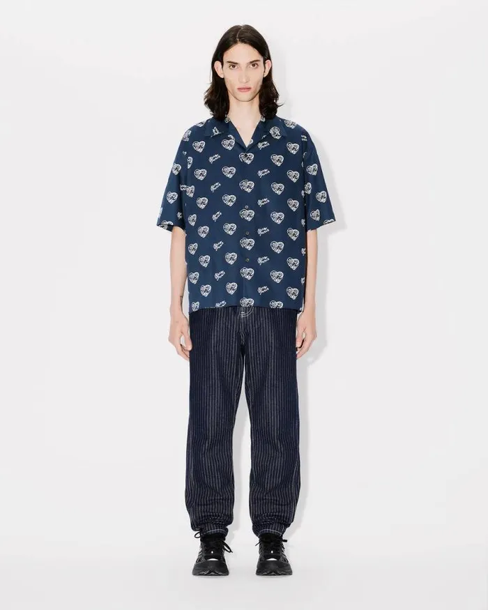 Men 039KENZO Jungle Heart039 Hawaiian Shirt Midnight Blue Kenzo Shirts