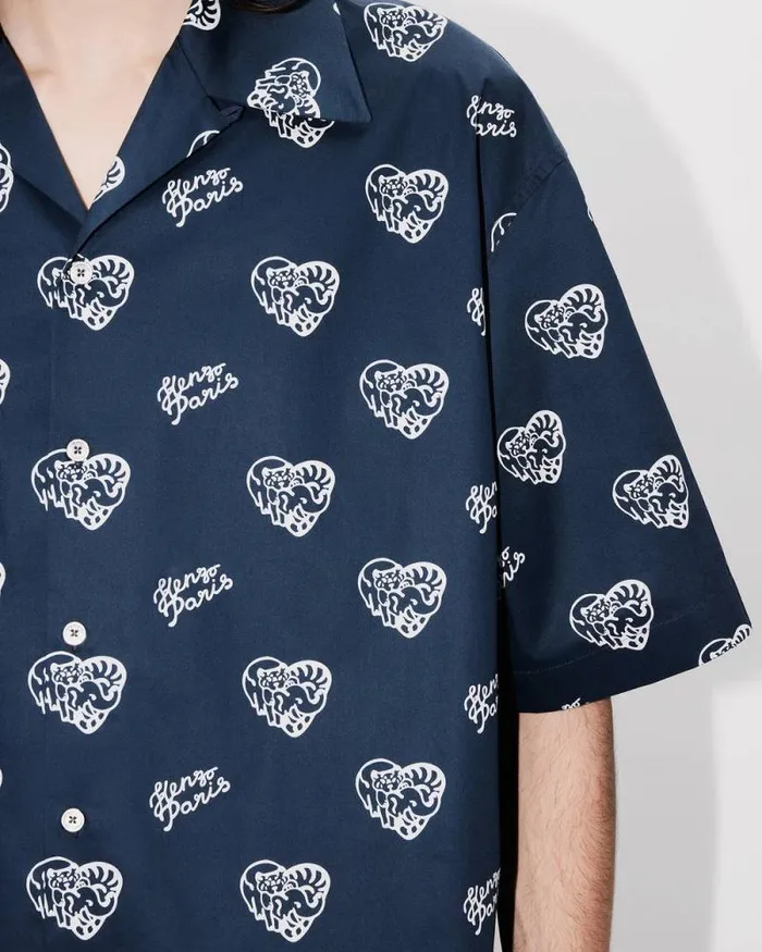 Men 039KENZO Jungle Heart039 Hawaiian Shirt Midnight Blue Kenzo Shirts