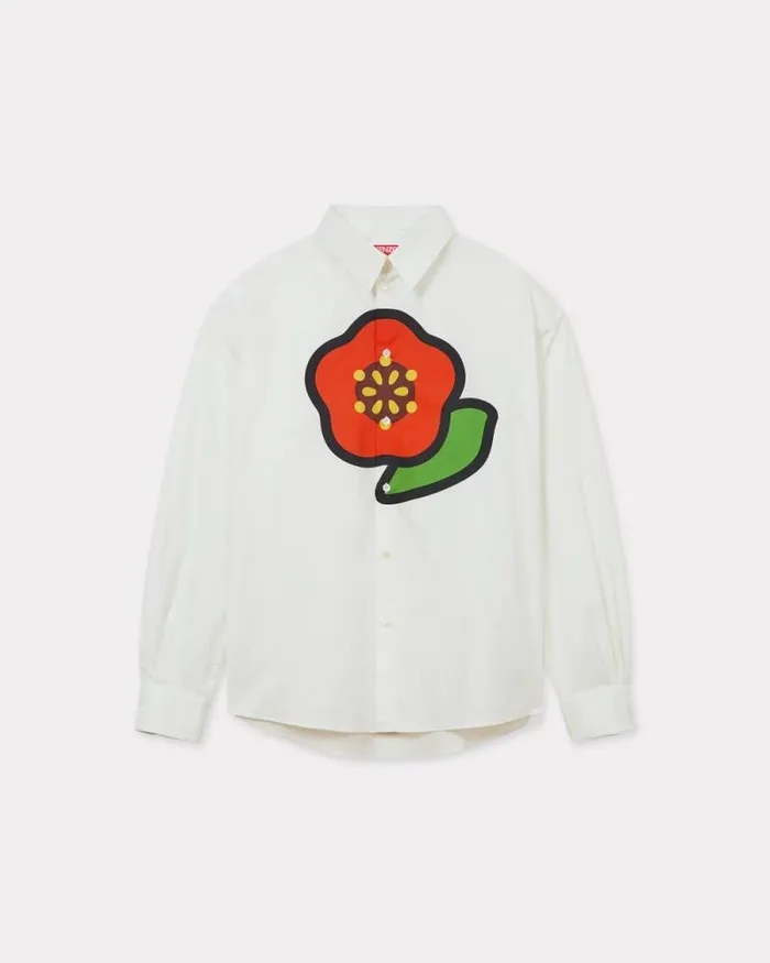 Men 039KENZO Pop039 Printed Casual Poplin Shirt White Kenzo Shirts
