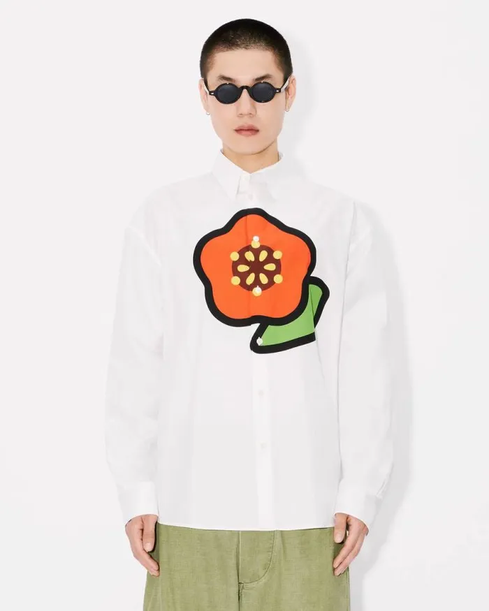 Men 039KENZO Pop039 Printed Casual Poplin Shirt White Kenzo Shirts