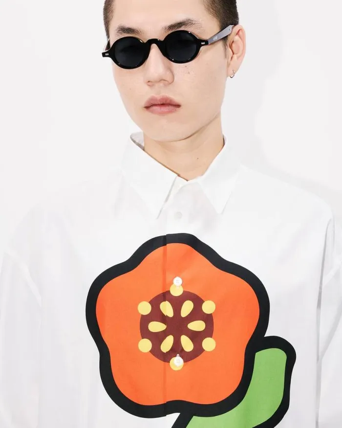 Men 039KENZO Pop039 Printed Casual Poplin Shirt White Kenzo Shirts