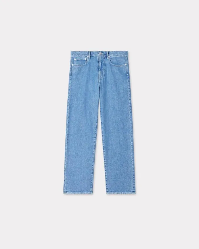 Men ASAGAO Straight Cropped Jeans In Japanese Denim Stone Bleached Blue Denim Kenzo Pants And Shorts