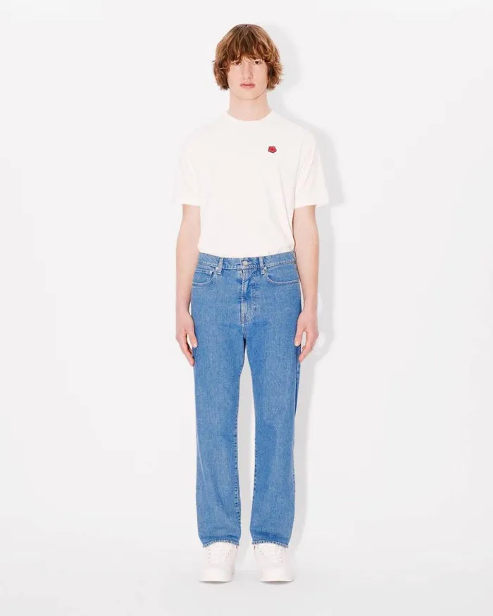 Men ASAGAO Straight Cropped Jeans In Japanese Denim Stone Bleached Blue Denim Kenzo Pants And Shorts