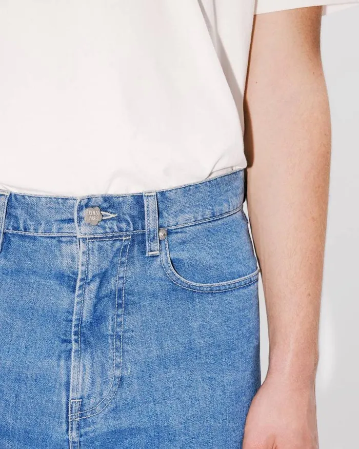 Men ASAGAO Straight Cropped Jeans In Japanese Denim Stone Bleached Blue Denim Kenzo Pants And Shorts
