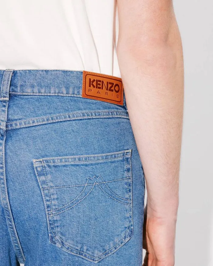 Men ASAGAO Straight Cropped Jeans In Japanese Denim Stone Bleached Blue Denim Kenzo Pants And Shorts