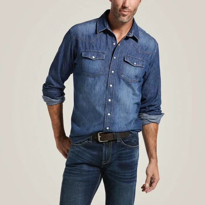 Men Button Down Shirts Ariat Denim Retro Fit Shirt Stone