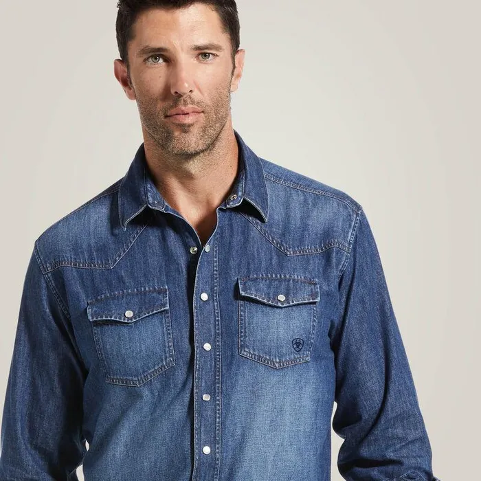 Men Button Down Shirts Ariat Denim Retro Fit Shirt Stone