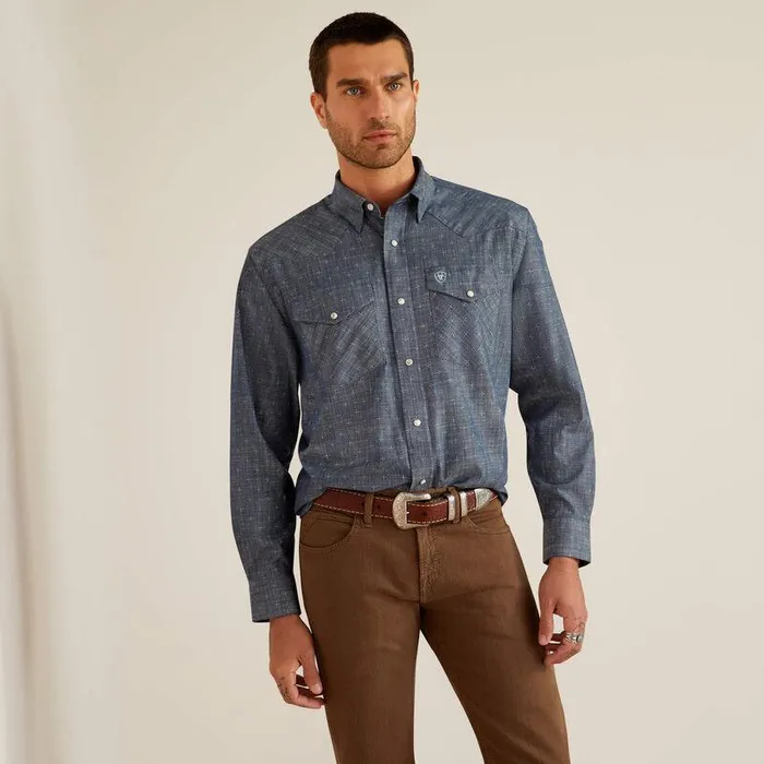 Men Button Down Shirts Ariat Fenix Classic Fit Shirt Chambray Blue