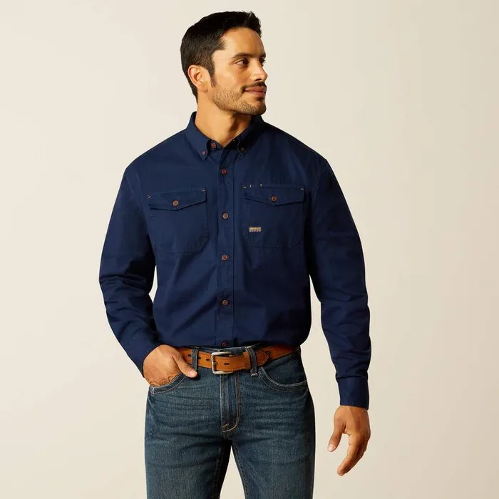 Men Button Down Shirts Ariat Rebar Washed Twill Work Shirt Navy