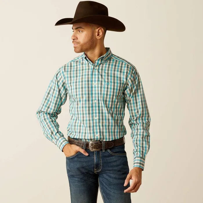 Men Button Down Shirts Ariat Wrinkle Free Gordie Fitted Shirt Teal