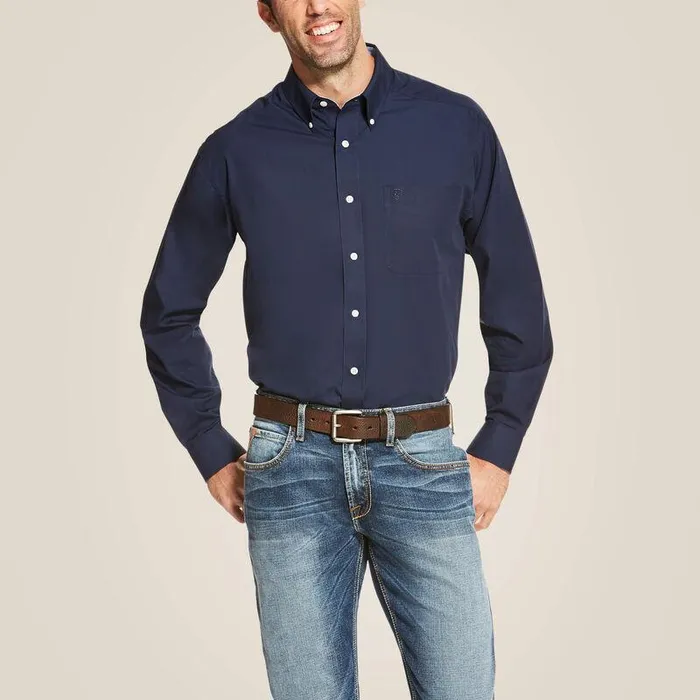 Men Button Down Shirts Ariat Wrinkle Free Solid Classic Fit Shirt Navy Blue